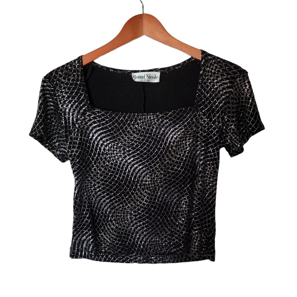 Vintage Ronni Nicole by Ouida Sparkle Stretch Cropped Top Blouse S Small